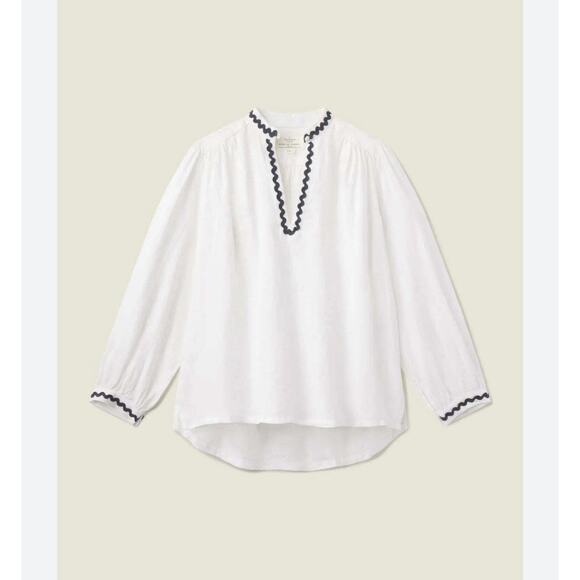 Trovata Tops - Trovata Birds Of Paradis Bailey Shirt Linen V-Neck White Blue Trim XS